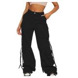 Fablinic Women Y2k High Waisted Straight Leg Relaxed Fit Camo Cargo Tactical Boyfriend Pants with 6 Pockets Streetwear Rock Concert Hippie Hip Hop Dance Edc Rave Outfits Military Clothes,Black,Large