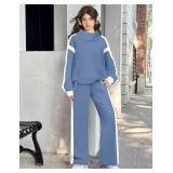 AGAPENG Girls Clothes Size 8-10 Girls Outfits Turtleneck Sweatsuit Fleece Colorblock Long Sleeve Sweatshirt Wide Leg Sweatpants Fall Winter 2 Piece Sets 9-10 Years Blue