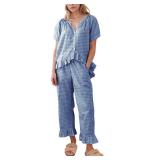 Flygo Womens Plaid 2 Piece Pajamas Sets Gingham Button Down Puff Sleeve Babydoll Shirt Ruffle Pants Y2K Pjs Lounge Set(Navy-XL)