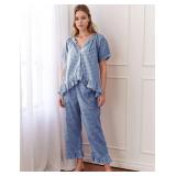 Flygo Womens Plaid 2 Piece Pajamas Sets Gingham Button Down Puff Sleeve Babydoll Shirt Ruffle Pants Y2K Pjs Lounge Set(Navy-XL)