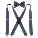 Suspender & Bow Tie Set For Men X Shape Elastic Adjustable Braces, Gray