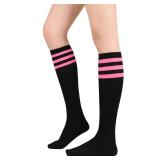 Knee High Socks for Women Leg Warmers Sports Athletic Tube Socks Striped Thigh High Stockings Cosplay 1 Pack Black Pink