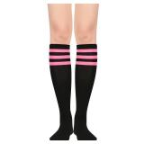 Knee High Socks for Women Leg Warmers Sports Athletic Tube Socks Striped Thigh High Stockings Cosplay 1 Pack Black Pink