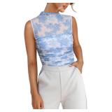 REORIA Sexy Bodysuits for Women Sheer Mesh Mock Neck Sleeveless Top Slim Fit Shirts Ruched Trendy Going Out Tops Cute Body Suit 2025 Floral Blue Small
