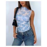 REORIA Sexy Bodysuits for Women Sheer Mesh Mock Neck Sleeveless Top Slim Fit Shirts Ruched Trendy Going Out Tops Cute Body Suit 2025 Floral Blue Small