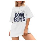 Womens Football Sequin Embroidery Shirts Oversized Vintage Game Day Tshirt Casual Football Season Short Sleeve Tops White, XL