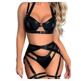 Kaei&Shi Garter Belt Thong Lingerie For Women,Strappy Hollow Out Underwire Racerback Sexy Lingerie,Harness Garter Leg Strap Matching 4 Piece Lingerie Set Petite Boudoir Black Small