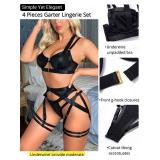Kaei&Shi Garter Belt Thong Lingerie For Women,Strappy Hollow Out Underwire Racerback Sexy Lingerie,Harness Garter Leg Strap Matching 4 Piece Lingerie Set Petite Boudoir Black Small