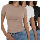 OVESPORT 3 Pack Ribbed Womens Basic T Shirts Summer Tops Gym Workout Short Sleeve Slim Fit Crop Tops  Medium