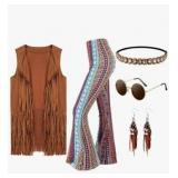 Leumoi 5 Pcs 60s 70s Costume for Women Disco Outfits Hippie Accessories Fringe Vest Boho Flared Pants Set for Halloween(X Large,Retro)