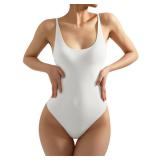 SUUKSESS Women Sexy Backless Thong Bodysuits Scoop Neck Sleeveless Basic Cami Body Suit Top (White, M)