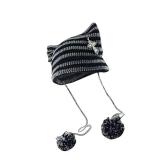 wfljl Crochet Cat Ear Beanie for Women - Goth Y2K Slouchy Knit Hat with Fox Ears & Pompoms, Trendy Animal Hats Accessories Dark Gray