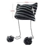 wfljl Crochet Cat Ear Beanie for Women - Goth Y2K Slouchy Knit Hat with Fox Ears & Pompoms, Trendy Animal Hats Accessories Dark Gray