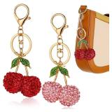 LLOUSSAK 2 Pcs Rhinestone Cherry Keychain, Sparkling Cherry Bag Charms Cute Bag Accessories for Women Fruit Cherrys Key Chain Purse Charms for Handbags, Purse - Red, Pink Cherrys