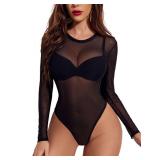 Avidlove Sexy Mesh bodysuit for Women Black Long Sleeve Bodysuit Round Neck Sheer Leotards Sexy Tops Snap Crotch Black Medium