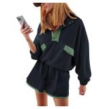 Sujama Women Quarter Button Sweatsuits 2025 Oversized Color Block Sweatshirts Sets Shorts Tracksuits Casual 2 Piece Outfits Navy Blue