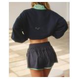 Sujama Women Quarter Button Sweatsuits 2025 Oversized Color Block Sweatshirts Sets Shorts Tracksuits Casual 2 Piece Outfits Navy Blue