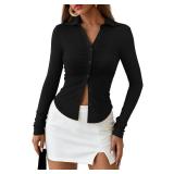 PRETTYGARDEN V Neck Polo Collared Ruched Button Down Shirts Long Sleeve Solid Color Cropped Shirt Spring Fashion Outfits (Black, Small)