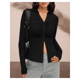 PRETTYGARDEN V Neck Polo Collared Ruched Button Down Shirts Long Sleeve Solid Color Cropped Shirt Spring Fashion Outfits (Black, Small)