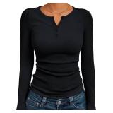 Trendy Queen Long Sleeve Henley Shirts for Women Fall Winter Ribbed Thermal Tops Casual Blouses Basics Tees Cute Sweaters Black S