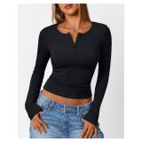 Trendy Queen Long Sleeve Henley Shirts for Women Fall Winter Ribbed Thermal Tops Casual Blouses Basics Tees Cute Sweaters Black S