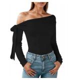Off The Shoulder Tops for Women, Long Sleeve Going Out Crop Asymmetrical Slim Fit Fall Shirts Black Medium