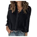 Karlywindow Womens Long Sleeve Button Down Cotton Linen Shirt Blouse Loose Fit Casual V-Neck Tops Black, M