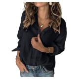 Karlywindow Womens Long Sleeve Button Down Cotton Linen Shirt Blouse Loose Fit Casual V-Neck Tops Black, M