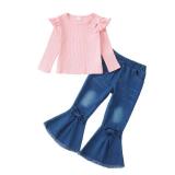 Kucnuzki Girls Clothes 4t 5t Girl Clothes for Kids Cotton Light Pink Knit Long Sleeve Tops Navy Blue Denim Bell Bottom Jeans Long Pants 2 Piece Winter Outfits