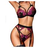 RSLOVE Women Lingerie Set with Garter Belt Lace Lace Teddy Babydoll Strappy Exotic Bra and Panty Set (No Stockings) Black and Pink S