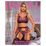 RSLOVE Women Lingerie Set with Garter Belt Lace Lace Teddy Babydoll Strappy Exotic Bra and Panty Set (No Stockings) Black and Pink S