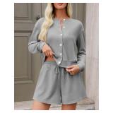 Tankaneo Womens 2 Piece Outfits Sweatsuit Button Down Tops and Shorts Casual Matching Lounge Set Travel Tracksuit