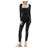 PUMIEY Black Jumpsuit for Women Long Sleeve Bodycon Unitard One Piece Outfits Jet Black Large
