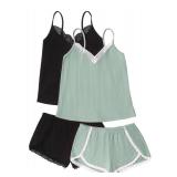 Ekouaer Womens Pajama Sets Soft Lingerie Sleepwear 4 Piece Cami Shorts Set V Neck Pj Lace Nightwear Black + Green Small