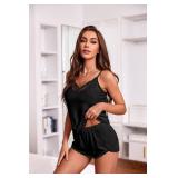 Ekouaer Womens Pajama Sets Soft Lingerie Sleepwear 4 Piece Cami Shorts Set V Neck Pj Lace Nightwear Black + Green Small