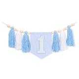Blue Tassel One High Chair Banner - Checkered First Birthday Decorations, Wood Bead High Chair, Yarn Tassel One Birthday Banner, Blue Cake Smash Party Photo Prop (blue)
