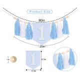 Blue Tassel One High Chair Banner - Checkered First Birthday Decorations, Wood Bead High Chair, Yarn Tassel One Birthday Banner, Blue Cake Smash Party Photo Prop (blue)