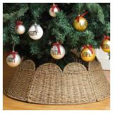Vertintong Woven Scallop Christmas Tree Collar 24-inch Rattan Christmas Tree Ring Farmhouse Natural Woven Rustic Base Cover Skirt for Xmas Decoration