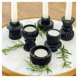 Kate Aspen Vintage Ribbed Glass Black Candlestick Holders, Pillar Candle, Tealight & Votive Candle Holders (Set of 6, 3 Assorted Sizes), Dining Table Decor, Shelf Decor, Centerpiece