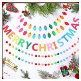 Mindsoft 5 Pcs Felt Christmas Garland Set, 8.2 ft Merry Christmas Felt Banner 6.56 ft Colorful Pom Pom Garland Xmas Light Bulb Banner Rainbow Holiday Bunting for Xmas Party Office Home Wall Decoration