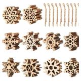 100 Pcs Christmas Unfinished Wooden Snowflake Ornaments Snowflake Hanging Cutouts Blank Wood Slices with Cord Craft Embellishments for Xmas Tree Decorations