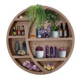 Wooden Floating Moon Shelf Wall Decor - Decorative Boho Home Hanging Display Shelf for Bedroom, Dorm, Nursery - Easy Mount Storage for Crystals and Essential Oils - 14 x 14 x 3.5 (Light Brown)