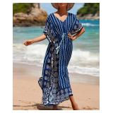Bsubseach Kaftan Dresses for Women Plus Size Swimsuit Cover Up Long Caftan Dress with Waist Drawstring Wavy Stripes