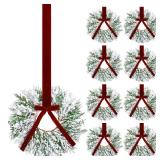 Dingion BULK 9.8 Christmas Mini Wreaths for Cabinets Small Artificial Snowy Cedar Wreath with Velvet Ribbon Christmas Hanging Decorations for Kitchen Window Chair Wall Front Door Farmhouse(Red)