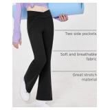 Zaclotre Girls Flare Leggings High Waisted V Crossover Casual Yoga Bell Bottoms with Pockets Pants for Kid Black