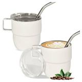 CHLJAR 4oz Espresso Cup Set of 2, Insulated Espresso Mug With Lid and Straw, Espresso Shot Glasses with Handle, Double Walled Stainless Steel Small Expresso Shots Cup for Coffee