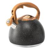 Foedo Whistling Tea Kettle Stovetop, Tea Pots for Stove Top Food Grade Stainless Steel with Wood Pattern Handle, 3.2Quart (Black)