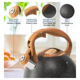 Foedo Whistling Tea Kettle Stovetop, Tea Pots for Stove Top Food Grade Stainless Steel with Wood Pattern Handle, 3.2Quart (Black)