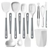 FINENUT Silicone Cooking Utensils Set 11PCS-BPA-Free-446°F Heat Resistant,Kitchen Tools for Nonstick Cookware,Heat Resistant&Scratch-Proof Includes Spatula/Turner/Spoon Dishwasher Safe(White And 