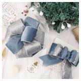 Ribbli Dusty Blue Velvet Wired Ribbon 2.5 Inch Dusty Blue Velvet with Silver Glitter Christmas Ribbon for Christmas Tree Decoration Big Bow Gift Wrapping Crafts Wreaths Supplies- 10 Yards